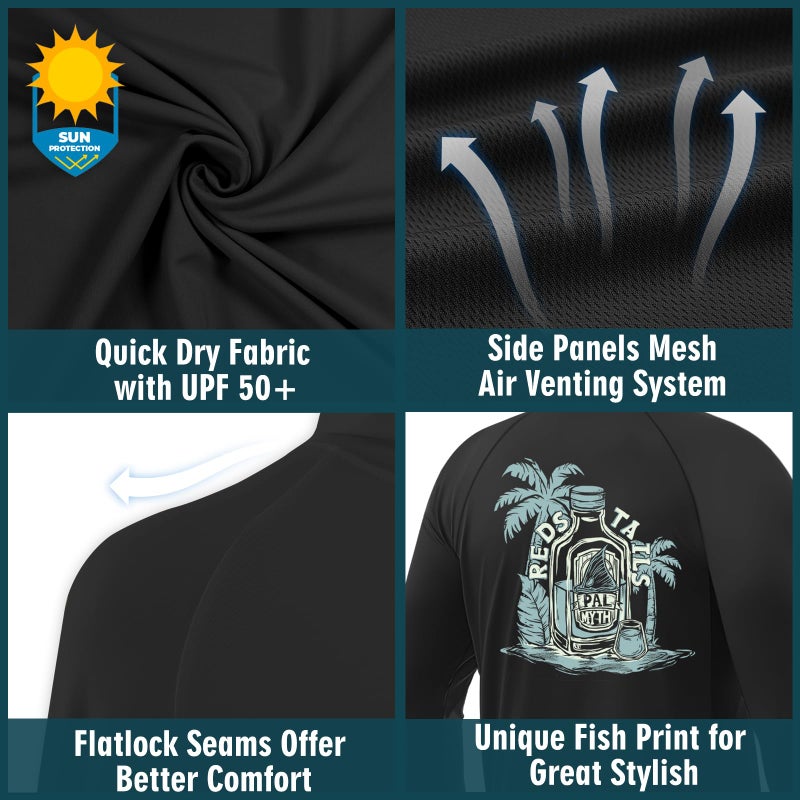 Palmyth Fishing Hoodie for Men Long Sleeve Sun Protection UV UPF 50+ Shirts Black Redfish Tail 4XL - Image 4